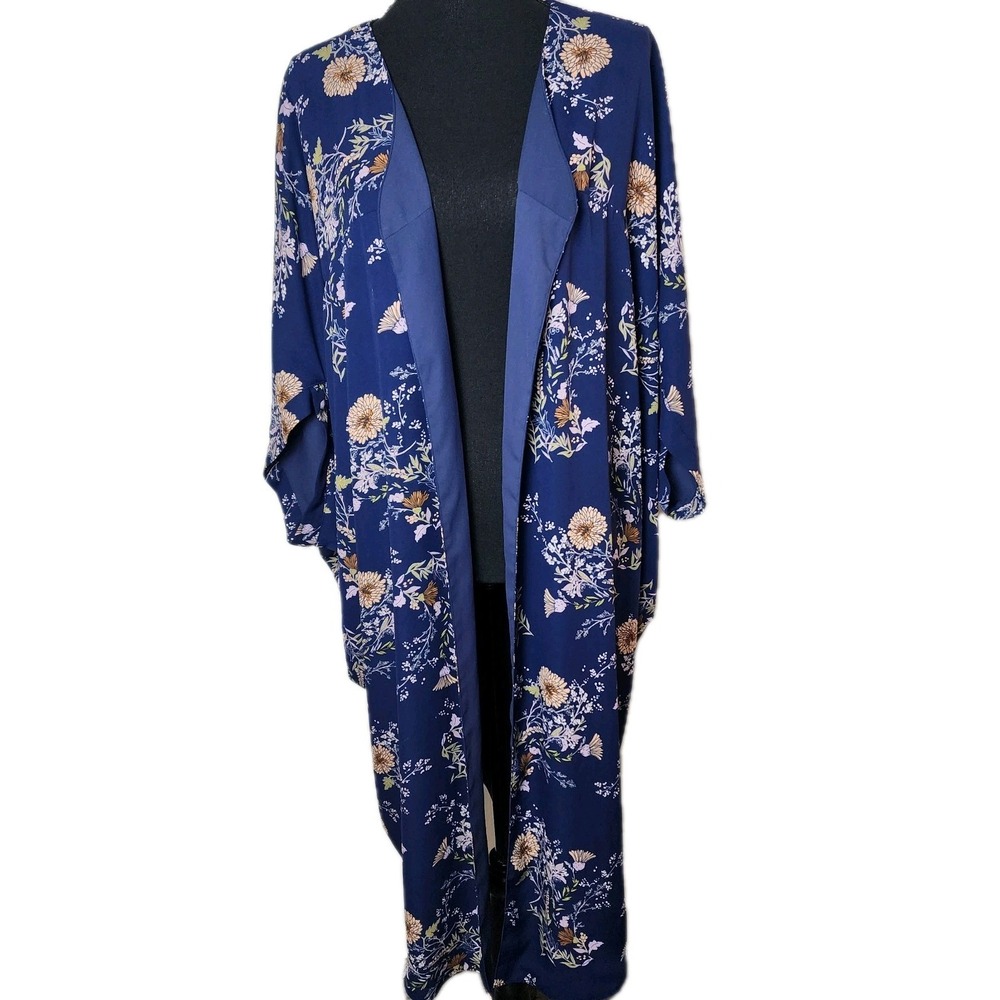 Woman Within M Kimono Duster Cardigan Blue Floral Boho Caftan Loungewear Resort
